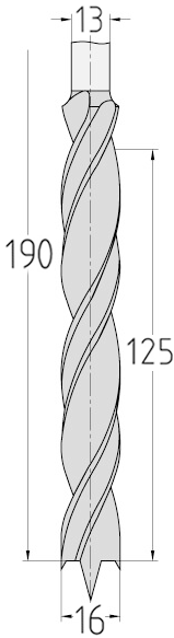Technische Zeichnung des JSO HS Staketenbohrers Ø 16mm, Spirallänge 125mm, Schaft 13mm und GL 190mm.