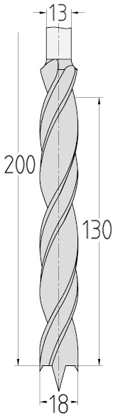 Technische Zeichnung des JSO HS Staketenbohrers Ø 18mm, Spirallänge 130mm, Schaft 13mm und GL 200mm.
