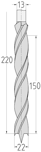 Technische Zeichnung des JSO HS Staketenbohrers Ø 22mm, Spirallänge 150mm, Schaft 13mm und GL 220mm.
