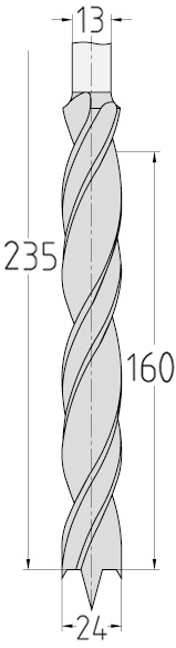 Technische Zeichnung des JSO HS Staketenbohrers Ø 24mm, Spirallänge 160mm, Schaft 13mm und GL 235mm.