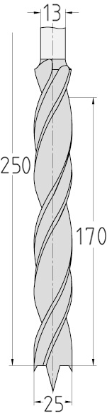 Technische Zeichnung des JSO HS Staketenbohrers Ø 25mm, Spirallänge 170mm, Schaft 13mm und GL 250mm.
