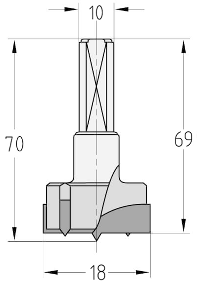 Technische Zeichnung des JSO Zylinderkopfbohrers HW Ø 18mm mit Gesamtlänge 70mm und Schaft 10mm im Holzfräsershop.
