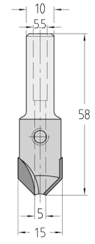 Technische Zeichnung des JSO HW Senkers 90° Ø 15mm Linkslauf, Bohrung 5mm, Schaft 10mm und GL 58mm.