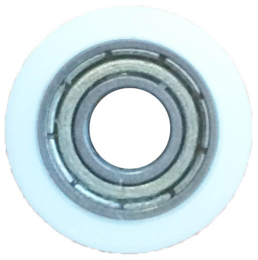 Großes JSO Anlauflager mit weißem Kunststoff-Mantel, 28 mm Außendurchmesser und 9,5 mm Bohrung.