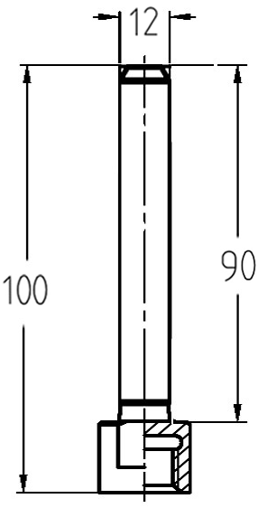 Technische Zeichnung des überlangen JSO Wechselschaftes mit Schaft 12mm, Einspannlänge 90mm und Gesamtlänge 100mm.