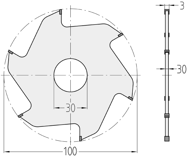 Technische Maßzeichnung des JSO Diamant-Scheibennutfräsers mit Bemaßungen für Durchmesser 100 mm, exakte Schnittbreite von 3,0 mm, Bohrung von 30 mm sowie der geometrischen Anordnung der sechs lasergeschnittenen DP-Flachtand-Segmente im Holzfräsershop.