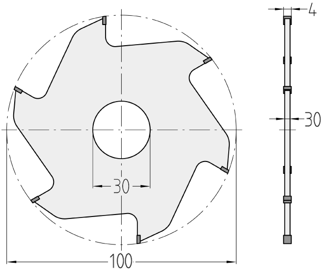 Technische Maßzeichnung des JSO Diamant-Scheibennutfräsers mit exakten Bemaßungen für Durchmesser 100 mm, Schnittbreite 4,0 mm, Bohrung von 30 mm sowie der präzisen geometrischen Anordnung der sechs lasergeschnittenen DP-Flachtand-Segmente im Holzfräsershop.