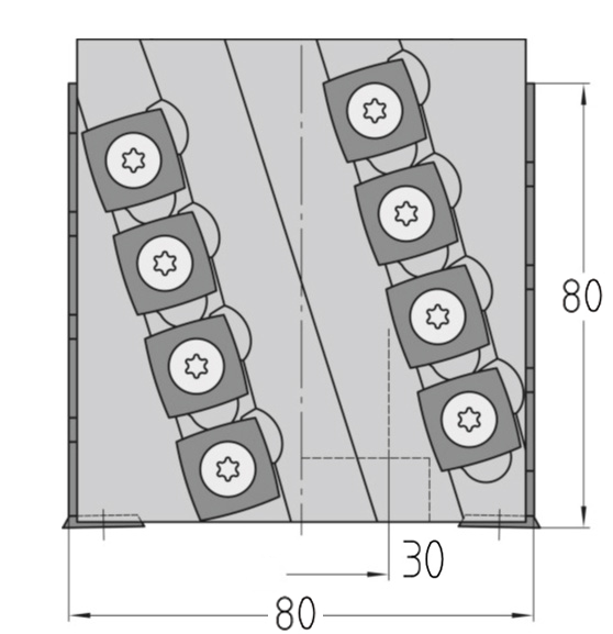 Technische Maßzeichnung des JSO HW Spiralmesserkopfes (Durchmesser 80 mm, Schnittlänge 80 mm, Bohrung 30 mm, Gesamtlänge 86 mm) mit Darstellung der Z=2+2 Helix-Messeranordnung und Vorschneider.