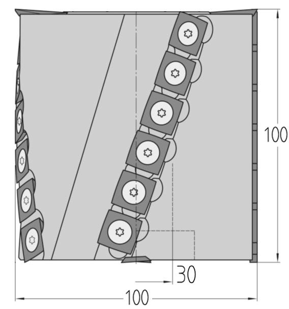 Technische Maßzeichnung des JSO HW Spiralmesserkopfes (Durchmesser 100 mm, Schnittlänge 100 mm, Bohrung 30 mm, Gesamtlänge 100 mm) mit Darstellung der Z=2+2 Helix-Messeranordnung und den 4 Vorschneidern.