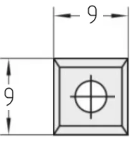 Technische Zeichnung der quadratischen JSO Wendeplatte 9 x 9 x 1,5 mm mit Bohrungsdurchmesser und Schneidengeometrie.