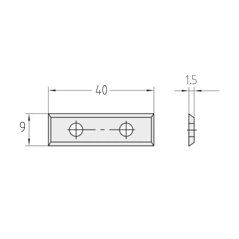 Technische Zeichnung der Wendeplatte 40 x 9 x 1,5 mm mit Bohrungsabständen und Schneidengeometrie.