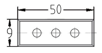 Technische Zeichnung der Wendeplatte 50 x 9 x 1,5 mm mit Bohrungsabständen und Schneidengeometrie.