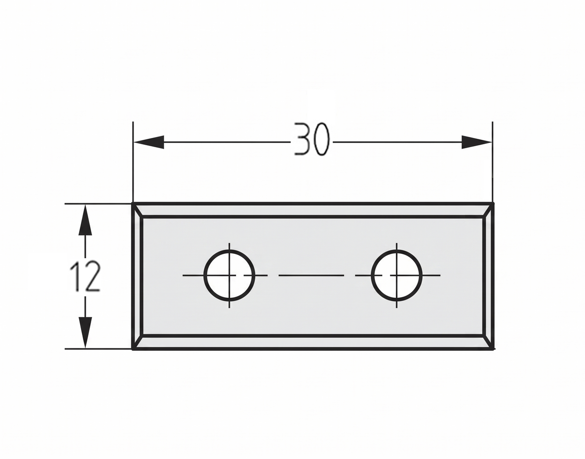 Technische Zeichnung der Wendeplatte 30 x 12 x 1,5 mm mit Bohrungsabständen und Schneidengeometrie.