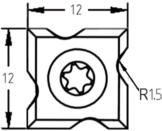 JSO Hartmetall (HW) Abrund-Wendeplatte R 1,5 mm, quadratisch mit 4-seitiger Profilierung und zentraler Bohrung.
