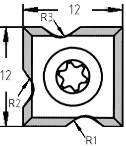 Technische Zeichnung der Combi-Wendeplatte 12x12x1,5 mm mit Kennzeichnung der vier unterschiedlichen Profil-Ecken.