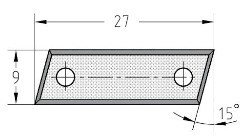 Technische Zeichnung der Fase-Wendeplatte 27,0 x 9,0 x 1,5 mm mit Kennzeichnung des 15° Winkels.