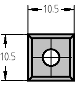 Technische Konstruktionszeichnung der quadratischen Wendeplatte 10,5 x 10,5 x 1,5 mm mit Bemaßung von Länge, Breite und Stärke.