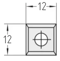 Technische Zeichnung der quadratischen JSO Wendeplatte 12x12x1,5 mm mit Bemaßung der Bohrung und Schneidkanten.