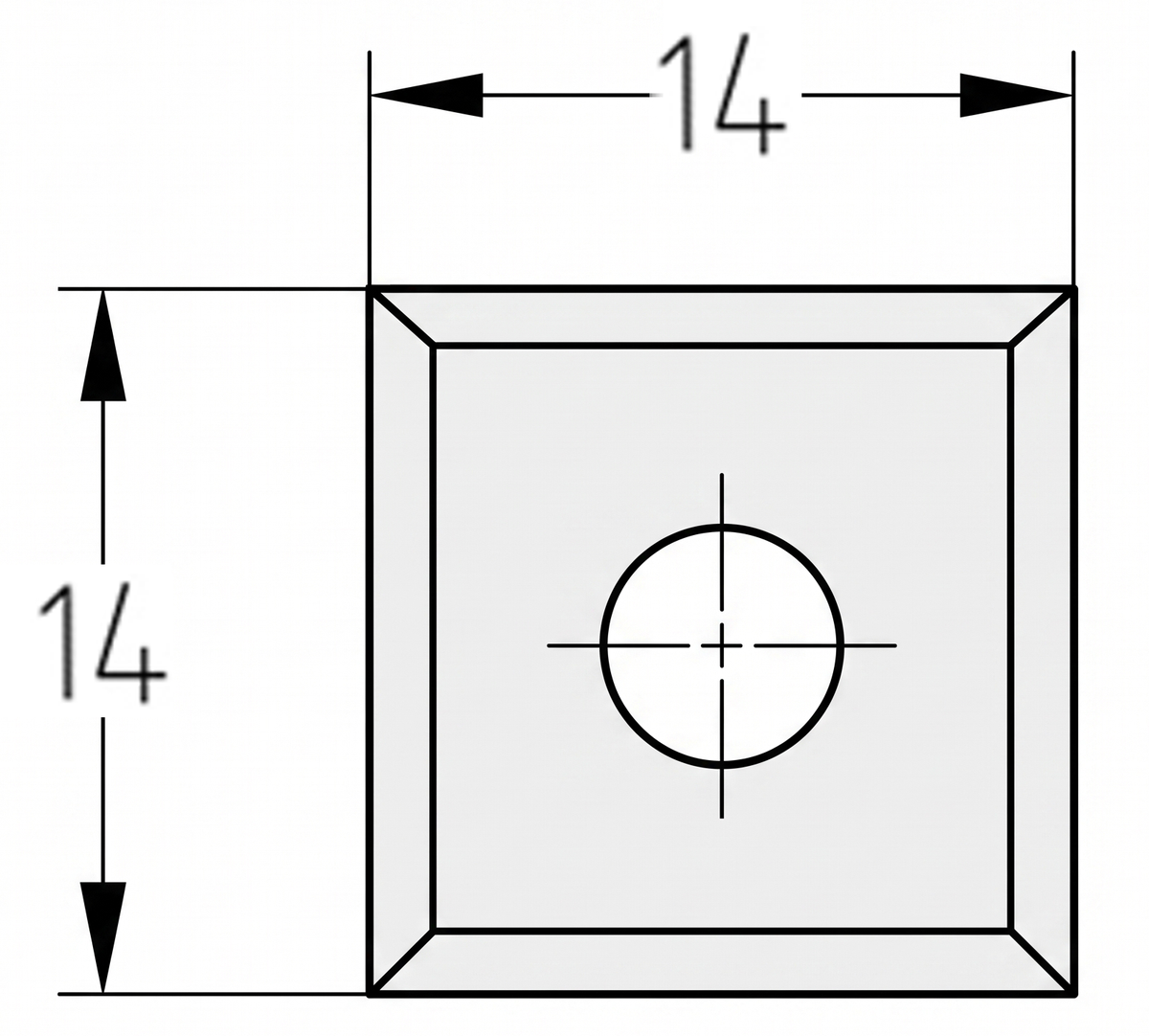Technische Zeichnung der quadratischen Wendeplatte 14 x 14 x 2 mm mit Senkbohrung und Geometriedaten.