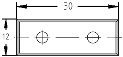 Technische Konstruktionszeichnung der Wendeplatte 30,0 x 12,0 x 1,5 mm mit präziser Bemaßung von Länge, Breite und Bohrungsabständen.