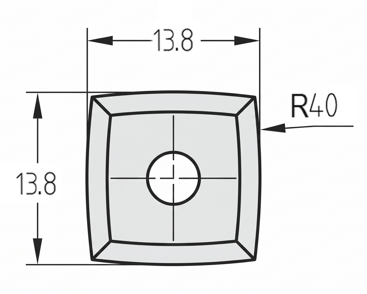 Technische Zeichnung der bombierten Wendeplatte 13,8 x 13,8 x 2,5 mm mit R 40 mm Radius und Senkbohrung.