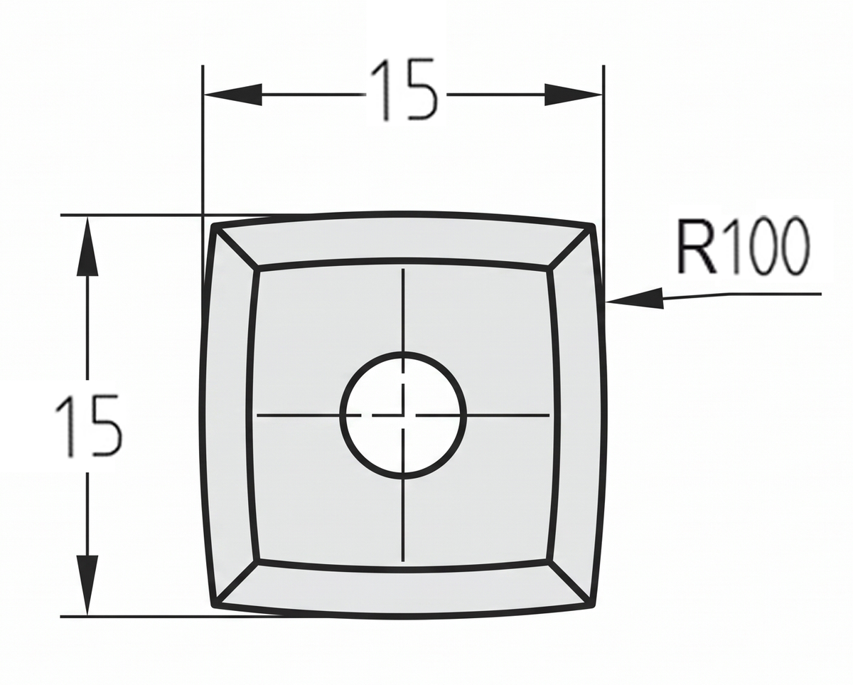 Technische Zeichnung der JSO bombierten Wendeplatte 15 x 15 x 2,5 mm mit R 100 mm Radius und Senkbohrung.