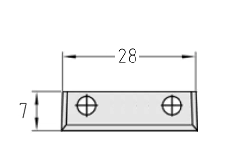 Technische Zeichnung der Wendeplatte 28 x 7 x 1,5 mm mit Bohrungsabständen und Schneidengeometrie.