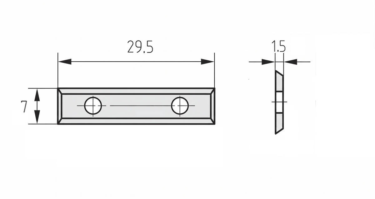 Technische Zeichnung der JSO Wendeplatte 29,5 x 7 x 1,5 mm mit Bohrungsabständen und Schneidengeometrie.