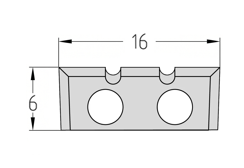 Technische Zeichnung der JSO Wendeplatte 16 x 7 x 1,5 mm Type C mit zwei Spanbrechernuten und Bohrungsabständen.