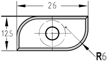 Maßzeichnung der Unitec-Halbhohlkehlplatte 26,0 x 12,5 x 1,5 mm mit Bemaßung des R 6,0 mm Hohlprofils und der Bohrung.