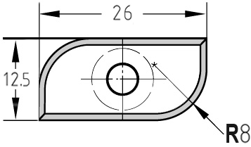 Maßzeichnung der Unitec-Halbhohlkehlplatte 26,0 x 12,5 x 1,5 mm mit Bemaßung des R 8,0 mm Hohlprofils und der zentralen Bohrung.