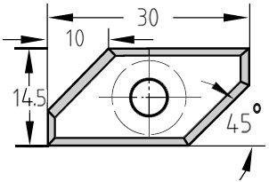 Maßzeichnung der Unitec-Faseplatte 30,0 x 14,5 x 1,5 mm mit Bemaßung des 45° Winkels und der zentralen Bohrung.