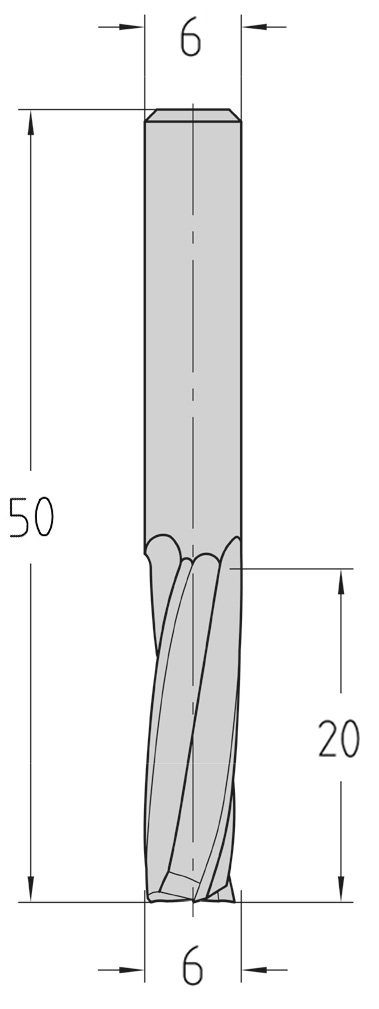 Technische Maßzeichnung des dreischneidigen JSO VHW Spiralnutfräsers (Durchmesser 6 mm, Nutzlänge 20 mm, Gesamtlänge 50 mm) mit exakter Darstellung der polierten Z=3 Spannuten.