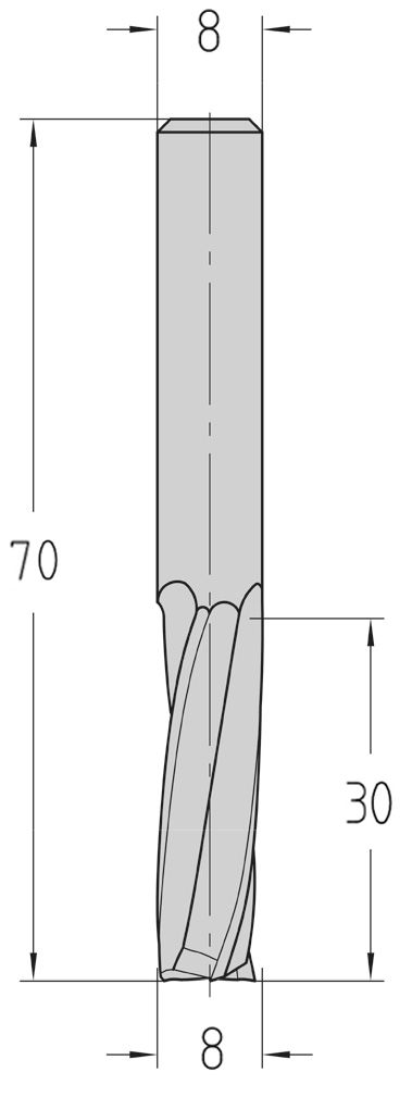 Technische Maßzeichnung des fünfschneidigen JSO VHW Spiralnutfräsers (Durchmesser 8 mm, Nutzlänge 30 mm, Gesamtlänge 70 mm) mit exakter Darstellung der polierten Z=5 Spannuten.