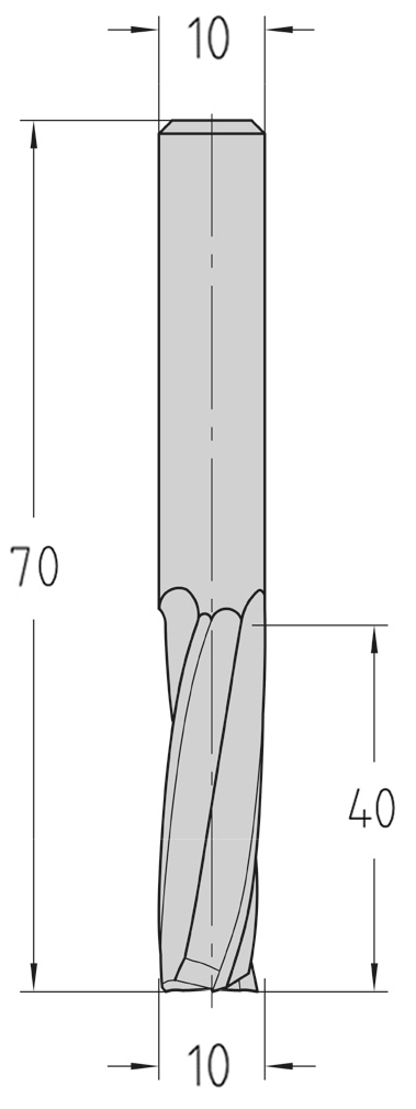 Technische Maßzeichnung des fünfschneidigen JSO VHW Spiralnutfräsers (Durchmesser 10 mm, Nutzlänge 40 mm, Gesamtlänge 70 mm) mit exakter Darstellung der polierten Z=5 Spannuten.
