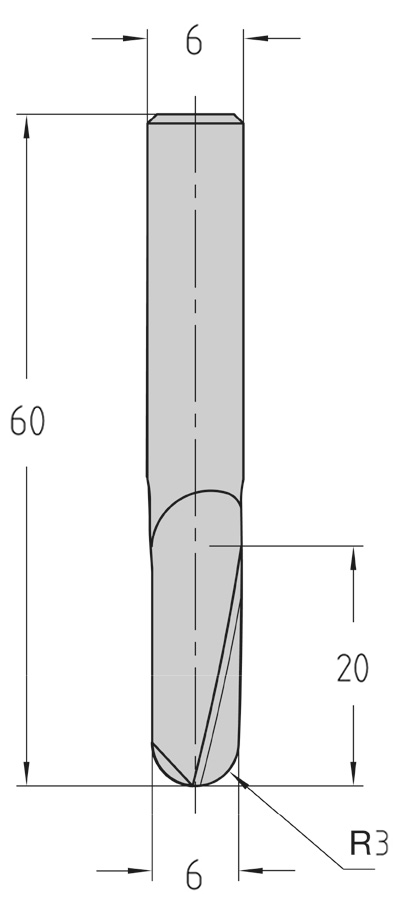 Technische Maßzeichnung des zylindrischen JSO VHW Kugelkopf-Spiralnutfräsers mit Kennzeichnung von Schneiden-Durchmesser 6 mm, Radius 3 mm, Nutzlänge 20 mm, Schaft-Durchmesser 6 mm und Gesamtlänge 60 mm.