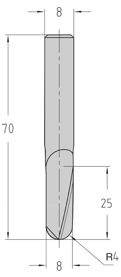 Technische Maßzeichnung des zylindrischen JSO VHW Kugelkopf-Spiralnutfräsers mit Kennzeichnung von Schneiden-Durchmesser 8 mm, Radius 4 mm, Nutzlänge 25 mm, Schaft-Durchmesser 8 mm und Gesamtlänge 70 mm.