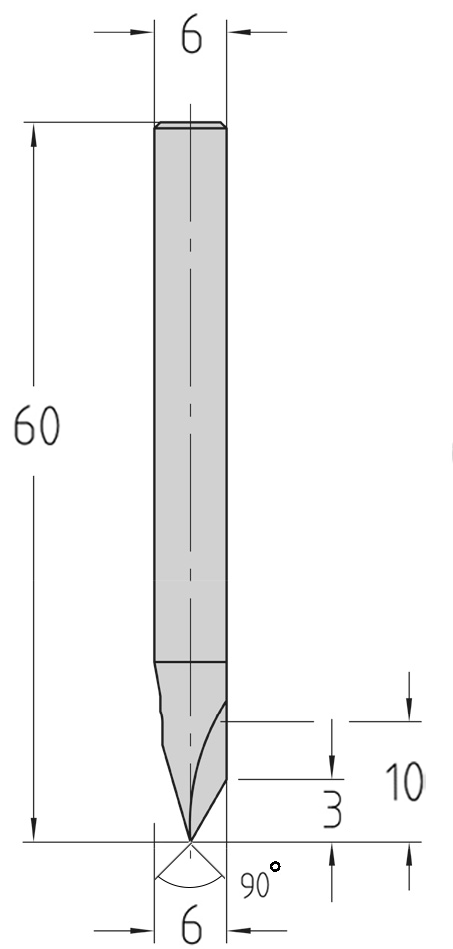 Technische Maßzeichnung des JSO VHW 90°-Spiral-Gravierfräsers mit exakter Bemaßung von Schneiden-Durchmesser 6 mm, Nutzlänge 10 mm, Flankenwinkel 90°, Schaft-Durchmesser 6 mm und Gesamtlänge 60 mm.