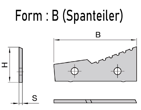 Detaillierte technische Maßzeichnung des JSO Hartmetall-Wechselmessers vom Typ Form B mit Spanteiler-Geometrie, inklusive exakter Abmessungen für die Schnittunterbrechung, Lochabstände und Schnittwinkel für den Schwalbenschwanzfräser im Holzfräsershop.