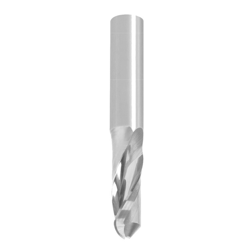 JSO CNC-Hohlkehl-Schlichtfräser aus massivem Vollhartmetall (VHW) mit abgesetztem zylindrischem 6 mm Schaft, präzisem 4 mm Kugelkopf (Radius 2 mm) und einer hochglanzpolierten Rechtsdrall-Spannut (Z=1) für Kunststoffe im Holzfräsershop.