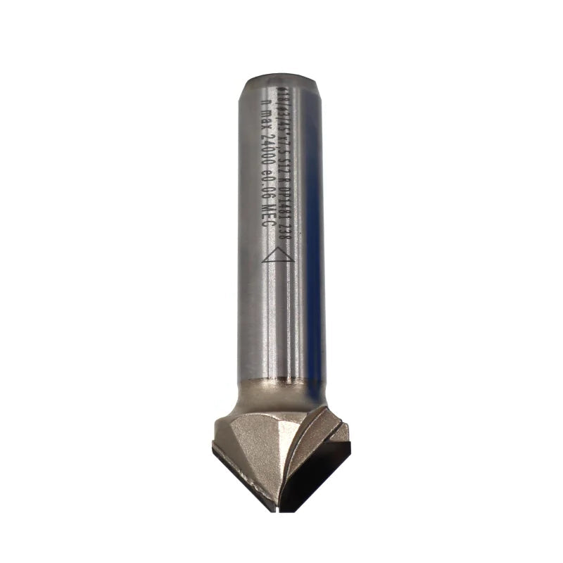 JSO CNC-V-Nut- und Fasefräser mit polykristalliner Diamantbestückung (DP/PKD), 90°-Winkel, bis zur Mitte vollbestückten Z=2 Schneiden, 18 mm Durchmesser und zylindrischem 12 mm Schaft.