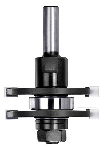 JSO HW Nut- und Federfräser-Set montiert auf einer stabilen Tragspindel mit 8 mm Schaft, zwei Hartmetall-Frässcheiben, Distanzringen und einem zentralen Anlauflager.