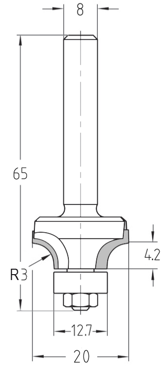 Technische Maßzeichnung des JSO Diamant-Abrundfräse R3 mit Angaben zu Durchmesser (20 mm) und Nutzlänge.
