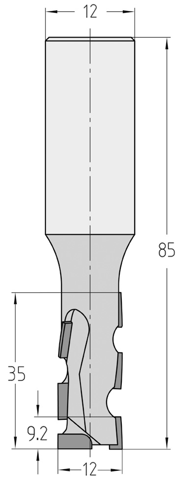 Technische Maßzeichnung des JSO Diastart-UNO Nutfräsers (12x35mm) für Linkslauf mit präzisen Bemaßungen der Diamantschneiden und des Schafts.