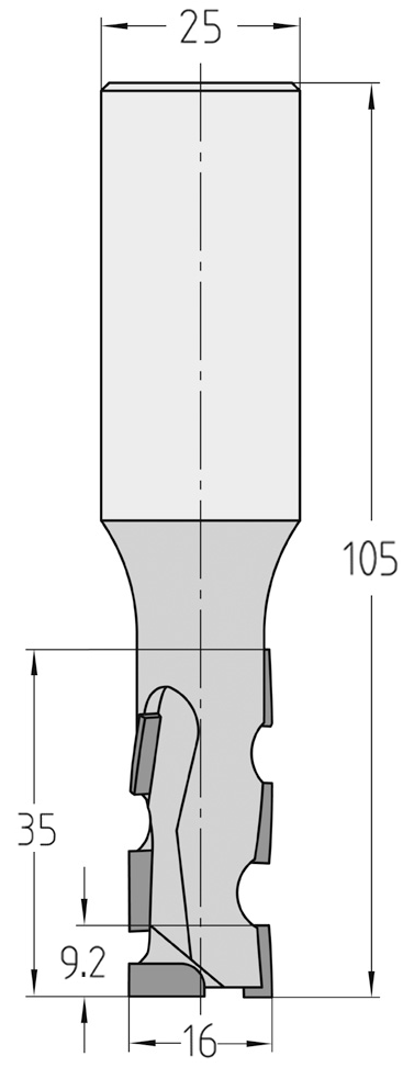 Technische Maßzeichnung des JSO Diastart-UNO Nutfräsers (16x35mm) für Linkslauf mit präzisen Bemaßungen der Diamantschneiden und des 25 mm Schafts.