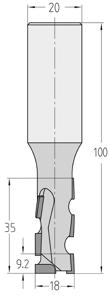 Technische Maßzeichnung des JSO Diastart-UNO Nutfräsers (18x35mm) für Linkslauf mit präzisen Bemaßungen der Diamantschneiden und des 20 mm Schafts.