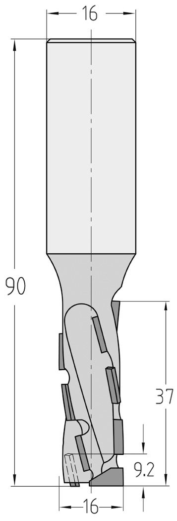 Technische Maßzeichnung des JSO Diastart-DUO Nutfräsers (16x37mm) für Rechtslauf mit präzisen Bemaßungen der PKD-Schneiden und des Schafts.
