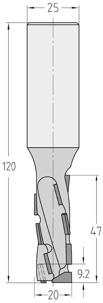 Technische Maßzeichnung des JSO Diastart-DUO Nutfräsers (20x47mm) für Rechtslauf mit präzisen Bemaßungen der PKD-Schneiden und des Schafts.