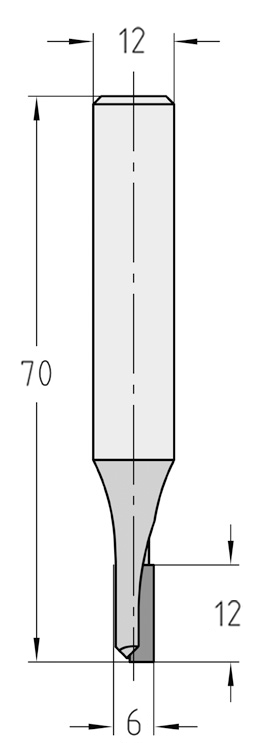 Technische Konstruktionszeichnung des JSO Dianova CNC-Diamant-Nutfräsers mit Rechtslauf und detaillierten Maßangaben für Durchmesser 6 mm, Nutzlänge 12 mm, Bestückungshöhe 2,5 mm und Gesamtlänge 70 mm.
