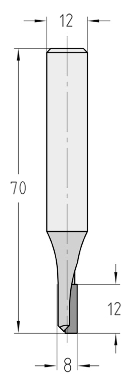 Technische Maßzeichnung des JSO Dianova CNC-Diamant-Nutfräsers mit Rechtslauf und exakten Bemaßungen für Durchmesser 8 mm, Nutzlänge 12 mm, Bestückungshöhe bzw. Nachschärfzone von 2,5 mm und Gesamtlänge 70 mm.